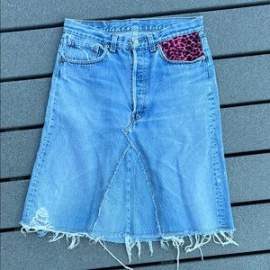 Levi's Vintage and Custom Denim Midi Skirt with Pink Leopard Accent